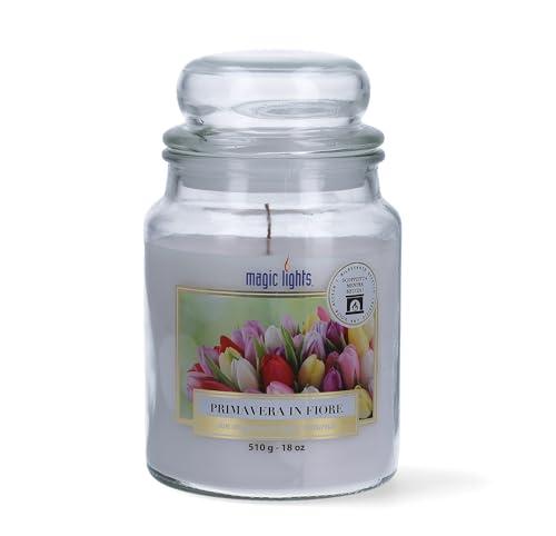 Magic Lights - Candela giara 510 gr Primavera in Fiore - Gelsomino - Fiori Bianchi con cera vegetale min. 75% - stoppino in legno naturale che scoppietta, Made in Italy
