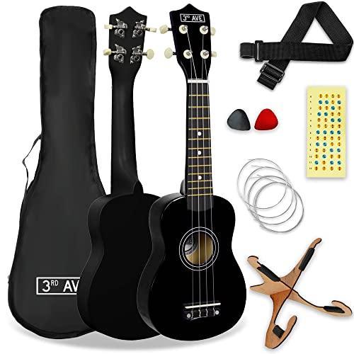 3rd Avenue Pacchetto beginner con ukulele soprano da 21 pollici 3rd Avenue – Custodia, stand, tracolla, corde, plettri e adesivi per tasti – Nero