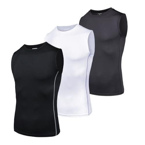 AMZSPORT Canotta Compressione da Uomo Sport Senza Maniche Base Layer Asciugatura Rapida Top Nero Bianco Grigio (Confezione da 3) L