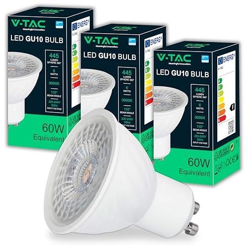 V-TAC 3x Lampadine LED GU10 6W (Equivalenti a 60W) - Chip SAMSUNG - 445 Lumen - Alta Luminosità - Faretto Led GU10 per Massima Efficienza e Risparmio Energetico - Lampadina Luce Calda 3000K