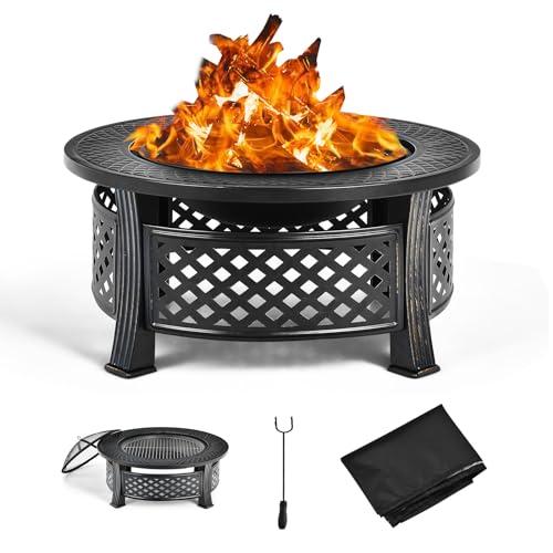 KOMFOTTEU Braciere da esterno con coperchio di sicurezza, Braciere da barbecue 3 in 1 con copertura impermeabile, per giardino, campeggio, picnic, φ81 x 50 cm (H), nero