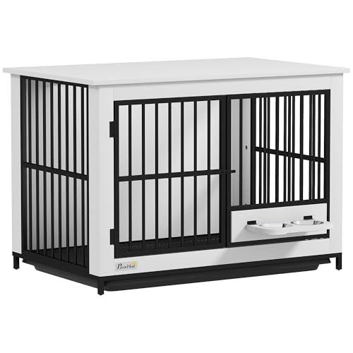 Gabbia per cani PawHut Box per cani da casa con 2 porte, cuccia per da interno con serratura e ciotole girevoli, ciotola rimovibile per di piccola/media/grande taglia Bianco 95 x 60 x 68,5