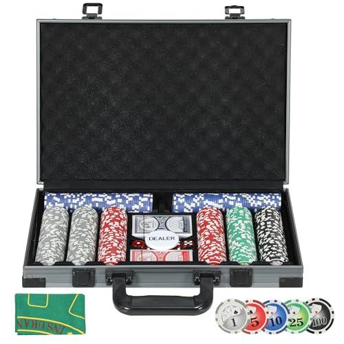 SPORTNOW Set da Poker per 10 Giocatori con 400 Fiches, 2 Mazzi di Carte, 5 Dadi, Valigetta e Tappetino, Set Poker in Alluminio, Poliestere e ABS, Multicolore