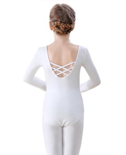 FONLAM Body da Danza Balletto per Bambine Ragazze Manica Lunga Body Ginnastica Bambine (Bianco, 6-7 Anni)