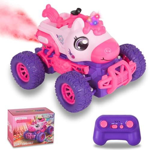 BORSTOYPRO Unicorno Macchina Telecomandata per bambino, Telecomandato Monster Truck Auto per le Ragazze, RC Monstertruck Car con Spray LED Light, Unicorns Giocattolo Regalo per i Ragazzi Bambini