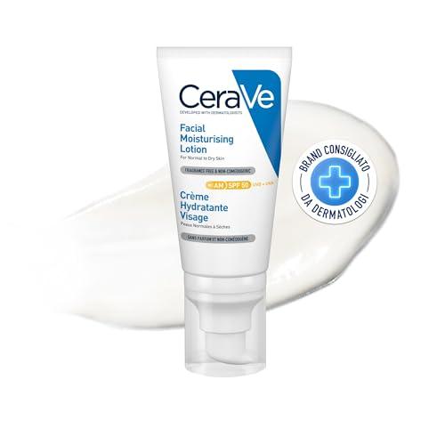 CeraVe Crema Idratante Viso SPF 50, Per Pelli da Normali a Secche, Idratazione Profonda, Ad Assorbimento Rapido, Con Protezione Solare SPF 50 e Acido Ialuronico, 52 ml