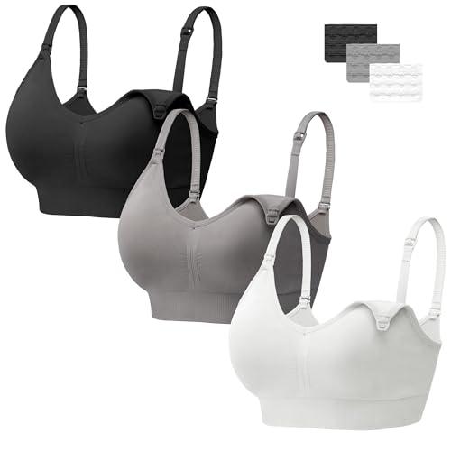 HBselect 3 PCS Reggiseno Allattamento con Estensione Reggiseno Bra Donna Morbido e Traspirante Reggiseno Senza Ferretto e Senza Cuciture. (Nero, Bianco, Grigio (con 3 bottone), L)