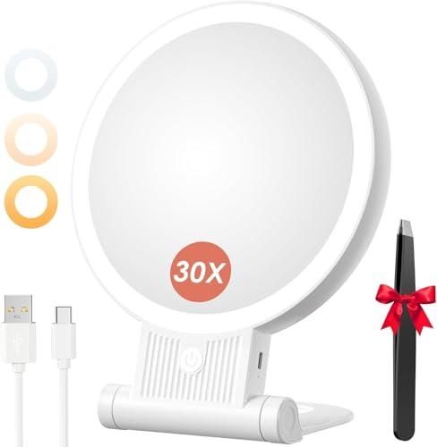 Auxmir Specchio Trucco con Luci LED, Specchio Ingranditore 30X/1X a Doppio Lato, Luminosità Regolabile a 3 Colori, Specchio da Tavolo Pieghevole con Foro per Appendere, Ricaricabile e Portatile