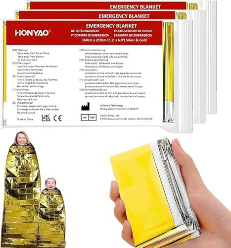 HONYAO Coperta Termica 3 Pezzi, 210×160cm, Coperta Termica Emergenza Oro Argento, CopertaTermica Sopravvivenza, per Salvataggio Protegge da Freddo, Pioggia, Calore e Vento, All'aperto