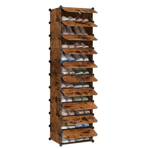 SONGMICS Scarpiera a 10 Scomparti, Scaffale Componibile in Plastica, Armadietto Portascarpe Fai da Te con Ante e Martelletto, Mobiletto Porta Scarpe, Marrone Vintage LPC010A01