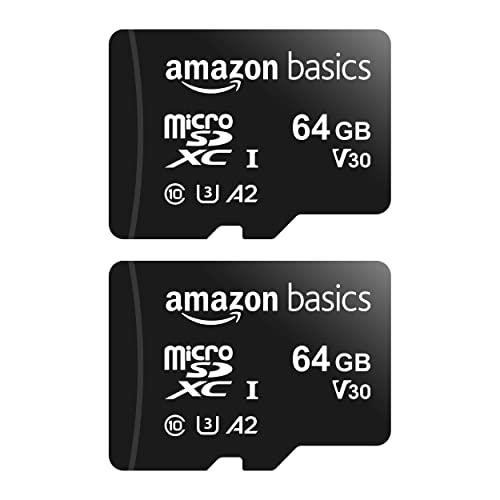 Amazon Basics - Scheda di Memoria microSDXC con Adattatore Formato SD, A2, U3, Velocità di Lettura Fino a 100MB/s, 64GB, Colore Nero (Confezione da 2)