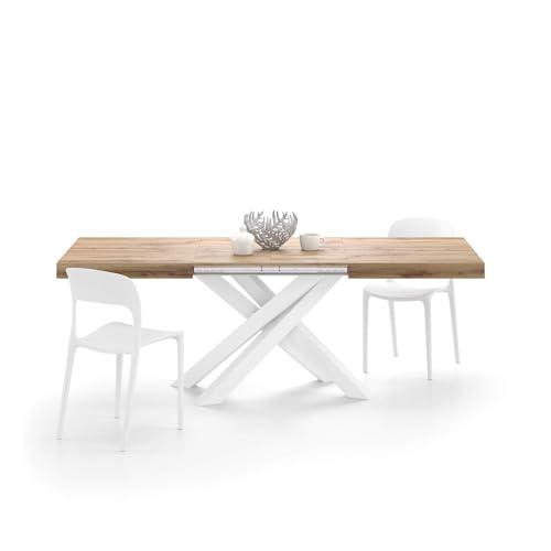 Mobili Fiver, Tavolo Allungabile Emma 140(220) x90 cm, Rovere Rustico con Gambe Incrociate Bianche, per 6-10 persone, Tavolo Cucina, Soggiorno, Made in Italy