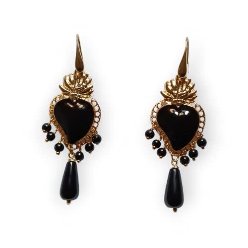 Orecchini Chandelier con Cuori Sacri Smaltati e Onice Nero