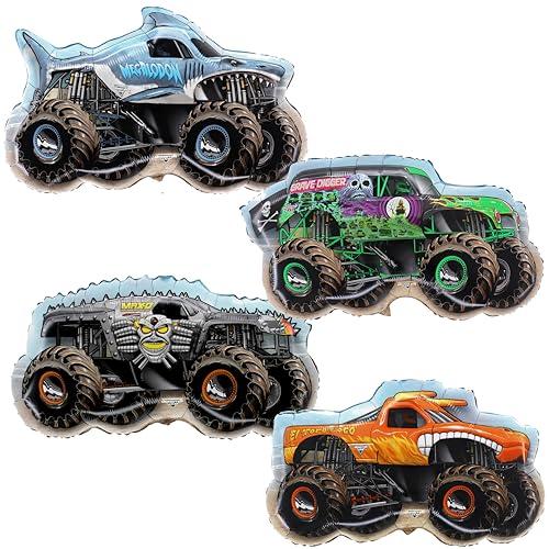 Toyland® Confezione da 4 Monster Jam Palloncini in Alluminio per Camion Mostro - Grave Digger, El Toro Loco, Max D & Megalodon Palloncini a Forma di Personaggio