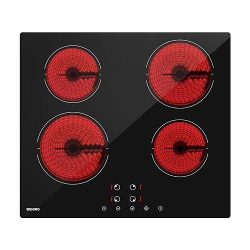 WEHIMO Piano Cottura in Vetroceramica 4 Fuochi, Piano Cottura Elettrico, 59cm, 6000W, 4 Zone di Cottura, 9 Livelli di Riscaldamento, Timer, Controllo Tocco, Sicurezza Bambini