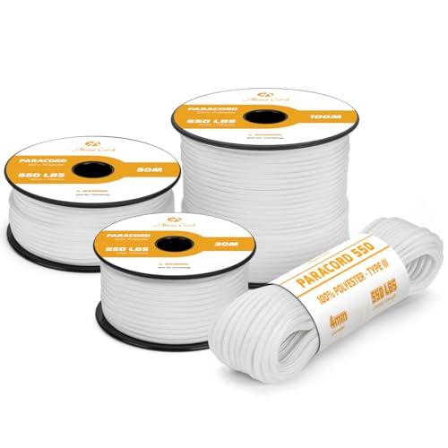 Abma Cord Paracord 4mm 30m Corda Paracord 550 Tipo III 7 Fili per All'aperto, Sopravvivenza, Campeggio, Fai Da Te - Max. 250 kg - Bianco