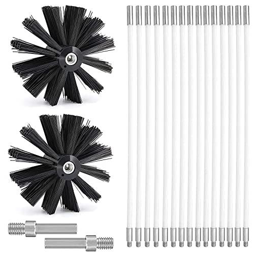 Spazzola Pulizia Camino, Spazzole 150mm Diametro per Camini con 15 Aste Flessibili da 410 mm e 2 Testine per La Pulizia del Camino Kit di Attrezzi per Pulizia per Condizionatore, Camino, Lavatrice