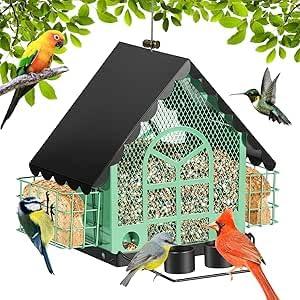 DoubleCare Mangiatoie per Uccelli per Esterno, Mangiatoia per Uccelli con Grande Capacità con Doppio Contenitore per Sego, Casette per Uccelli in Metallo Appendibili con Tazza per Acqua per Giardino