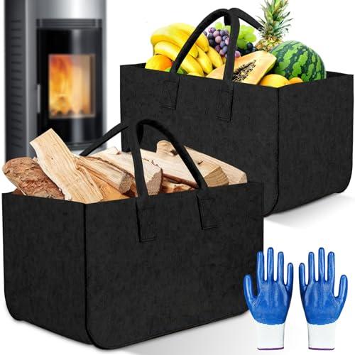 POWZOO 2 Pezzi Borsa In Feltro per Legna da Ardere,con Guanti,con Maniglia,Cesta per Legna Robusta e Multiuso,per Shopper,Portariviste da Terra,Giornale,Vestiti,Giocattoli.(46.5x27.5x27.5cm,Nero)