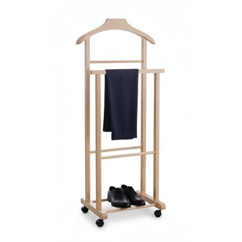 Mottiwood Indossatore Appendiabiti Da Camera, L'originale, Appendiabiti da Camera in Legno Faggio Naturale, Servo Muto Doppio con 4 Ruote, Made in Italy