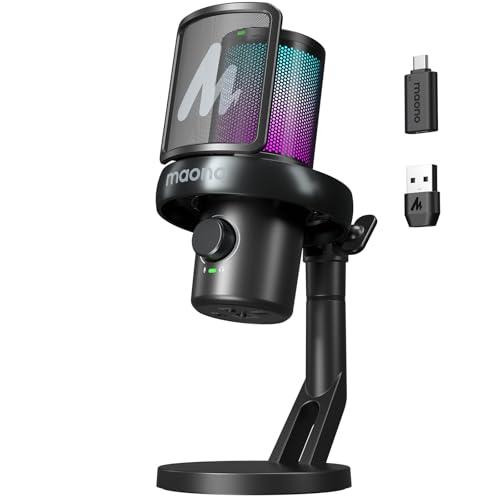 MAONO Microfono Wireless per PC, Microfono PC con Software di Cambiavoce Vocale IA, Cancellazione del Rumore a 3 Stadi, Luce RGB Personalizzata, per Gioco, Podcasting, Streaming, DM40 Pro Nero