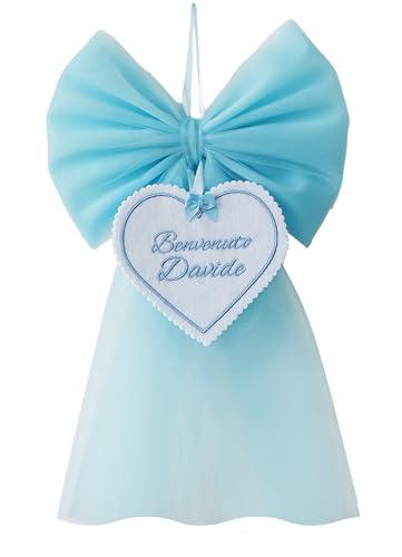 Fiocco nascita ricamato personalizzabile con nome e frase, in tulle rosa e azzurro bimbo bimba