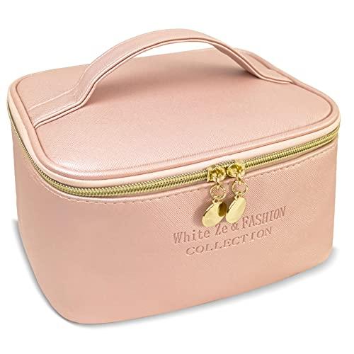 White Ze Borsa per il trucco,Borsa per cosmetici da viaggio Borsa da toilette impermeabile in morbida pelle PU Borsa da trucco per organizer Borsa per bellezza per ragazze da donna,Regalo per donna