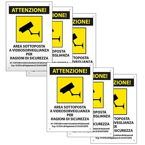 SPACE - 6 Cartelli area videosorvegliata per ragioni di sicurezza 20cm x 30cm in PVC - GDPR 2020 - Cartelli videosorveglianza per negozio e proprietà privata lunga durata nel tempo - SPACE