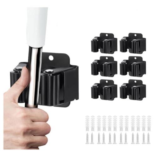 PIQIUQIU 6 supporti per scopa da parete, con vite, in acciaio inox ad alte prestazioni, mocio e porta scopa, per la pulizia della biancheria, bagno, cucina, garage (nero)