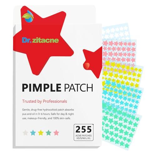 Patch Brufoli, Pimple Patch, 255pezzi 5Colori e 5Misure(8,10,12,14,16mm)Cerotti Brufoli Viso, Patch Brufoli Stelline, Hydrocolloid Acne Patch Vestibilità Precisa, Tea Tree, Acido Salicilico e Centella