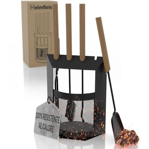 Heimfleiss® Set Camino Nero Moderno | Attrezzi per Camino Set Camino | Kit Camino di Qualità con Attizzatoio, Spazzola-Paletta | Accessori Camino con Manici in Legno - Design 40