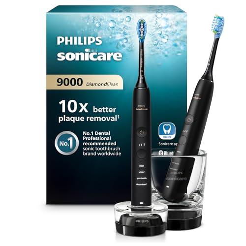 Philips Sonicare DiamondClean 9000 spazzolino elettrico sonico con app, sensore di pressione, 4 modalità di pulizia, bicchiere di ricarica, colore nero, confezione doppia, modello HX9914/54
