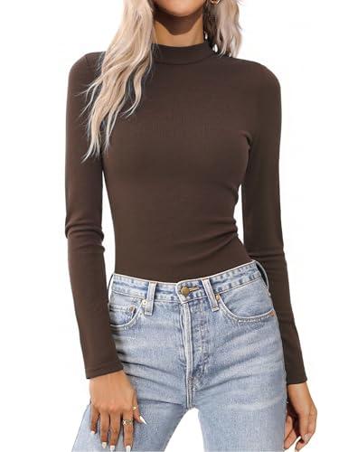 Aottori Maglietta Donna Maniche Lunghe Collo Alto Maglia Dolcevita Interna Slim Termico Top Basic Elegante Lupetto Elasticizzata T-Shirt Autunno Inverno Nero L Marrone M