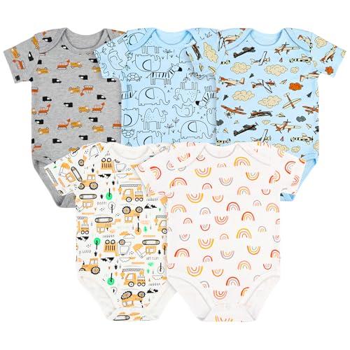 Vicloon Set di 5 Body Neonato e Neonata, Body a Maniche Corte in 100% Cotone, con Comoda Apertura, Unisex 0-3 Mesi, Idee Regalo Nascita (B)