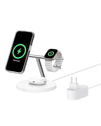 Belkin BoostCharge Caricatore 3 in 1 con Qi2, base di ricarica wireless compatibile con MagSafe, caricatore iPhone 17, Air, Pixelsnap, Apple Watch e AirPods, alimentatore incluso - Bianco