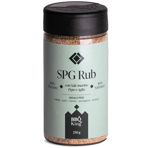 BBQ KING - S.P.G. Rub Confezione da 230 Gr, Salt Pepper Garlic Dry Rub Bbq Ideale per Barbecue e Grill, Set Spezie Cucina 100% Made in Italy, Miscela di Spezie a Base di Sale, Pepe ed Aglio