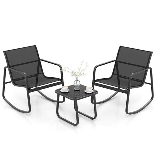 COSTWAY Set Tavolino e Sedie da Giardino, Set di Mobili a Dondolo, Set Bistrò 3 Pezzi, Tavolino in Vetro Temperato, Sedie in Textilene, per Giardino Cortile Piscina (Nero)