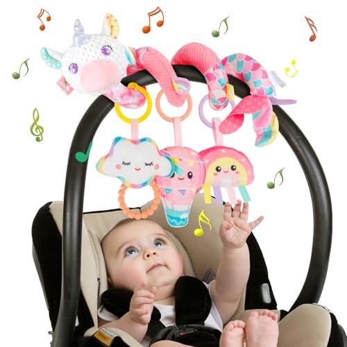 Funsland Giocattolo a Spirale Passeggino Neonato - Giochi Passeggino Neonati Regalo per 0 3 6 Mesi, Peluche Giocattolo a Spirale con Musica per Culla Neonato/Seggiolino Auto, Rosa