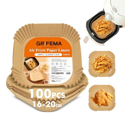 GRIFEMA Carta Forno per Friggitrice ad Aria 100 Pezzi, BPA Free, Monouso, 16-20 cm, 2.2-4.5 L, Naturale Carta per Friggitrice ad Aria Quadrati per Air Fryer, Forno, Padelle, Microonde
