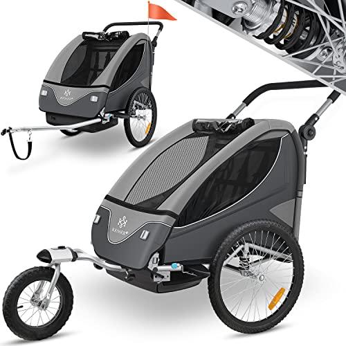 KESSER® Rimorchio per Bambini, ruotabile a 360°, con Sospensioni, 2in1 - Funzione Jogger/Rimorchio, Cintura a 5 punti, per 1 o 2 Bambini/max. 40kg, Grigio Chiaro