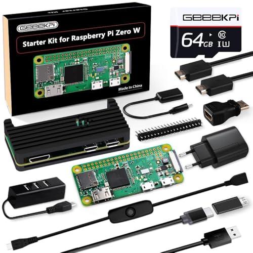 GeeekPi Raspberry Pi Zero W Starter Kit, with RPi Zero W Aluminum Case, 64GB SD Card, Power Adapter, 20Pin Header, Micro USB to OTG Adapter, HDMI Cable, HDMI Adapter, Switch Cable and 4 Port USB Hub