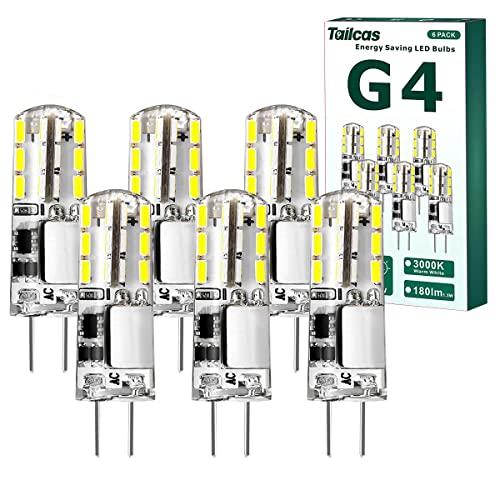 Tailcas G4 LED Lampadina, 1.5W Equivalenti a 20W Lampada Alogena, AC/DC 12V, Bianco Freddo 6000K, 180LM Mini Lampadine LED G4 (9mm * 36mm), 6 Pezzi Non Dimmerabile, per Incasso Faretti, Lampadario