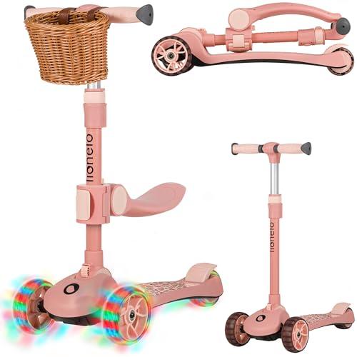 Lionelo FRANKY 2 in 1 Bicicletta e Monopattino per Bambini Fino a 50 kg Adatto da 1 a 7 Anni con Sedile e Manubrio Regolabile, Ruote LED, Telaio Rinforzato, Pedana antiscivolo, Cestino (Rosa)