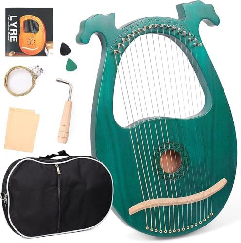 LOMUTY Arpa Lira 16 Corde In Mogano Arpa Piccola Strumento Musicale Lyres Lyre Harp Con Chiave Di Tunning, Tutorial Musicale, Corda di Ricambio, Plettri, Panno di Pulizia, Verde, con Corna