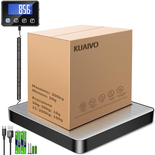 KUAIVO Bilancia Professionale 200kg/10g Alta Precisione, Bilancia Pesa Pacchi con Funzione LCD/Hold/Tara, Bilancia Postale Piattaforma in Acciaio Inossidabile per Pacchi, Magazzino e valigia