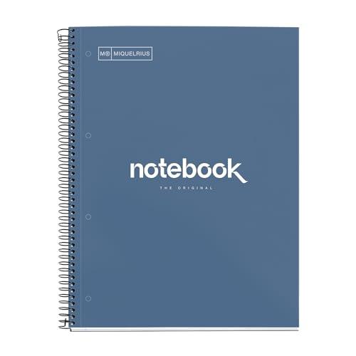 Miquelrius - Quaderno A4, Notebook Emotions, 80 Fogli da 90 g/m², Righe Orizzontali 7 mm, 1 Striscia di Colore, Spirale Microforata, Taccuino a Righe, Copertina Extra Rigida, 4 Fori, Blu Navy