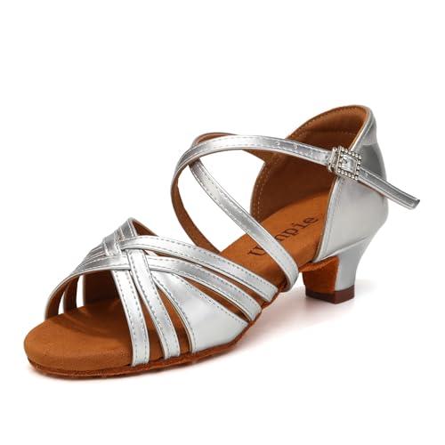 Uonpie Scarpe da Ballo Latino Americano Bambina Tacco 4cm Scarpe Ballo Danza Classica in Raso,Argento,37.5 EU