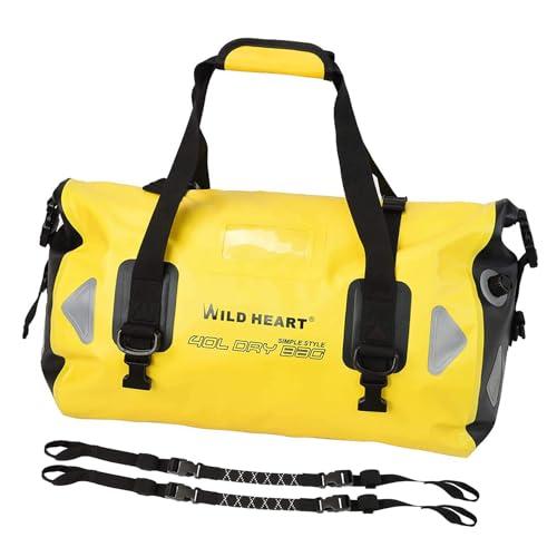 WILD HEART - Borsone Impermeabile 40L 66L 100L con Cuciture saldate, Tasca in Rete per Kayak, Campeggio, Canottaggio, Bici,Moto (40L giallo con corda)