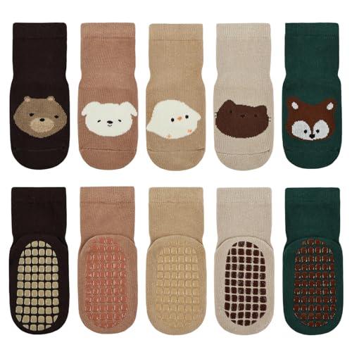 Vicloon Calzini Antiscivolo in Cotone Bimbi, 5 Paia Calzini per Bambini a Tubo Medio, Antiscivolo Bambino per Bambini e Bambine, per 3 a 5 anni, Natale Compleanno Regalo, Motivi Animali