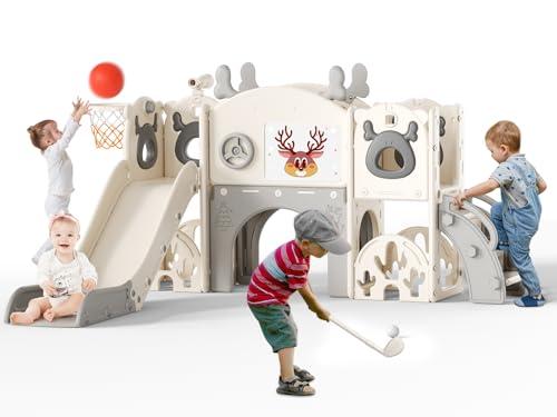 Krovtoy Scivolo per bambini 7 in 1, a tema alce natalizio con set da golf, scivolo per bambini da 1 a 3 anni (Alce- Beige grigio 7 in 1)